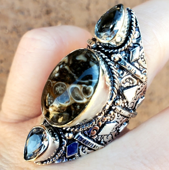 New Turtella Agate Fossil & White Topaz 925 Silver Statement Ring. - Picture 12 of 16